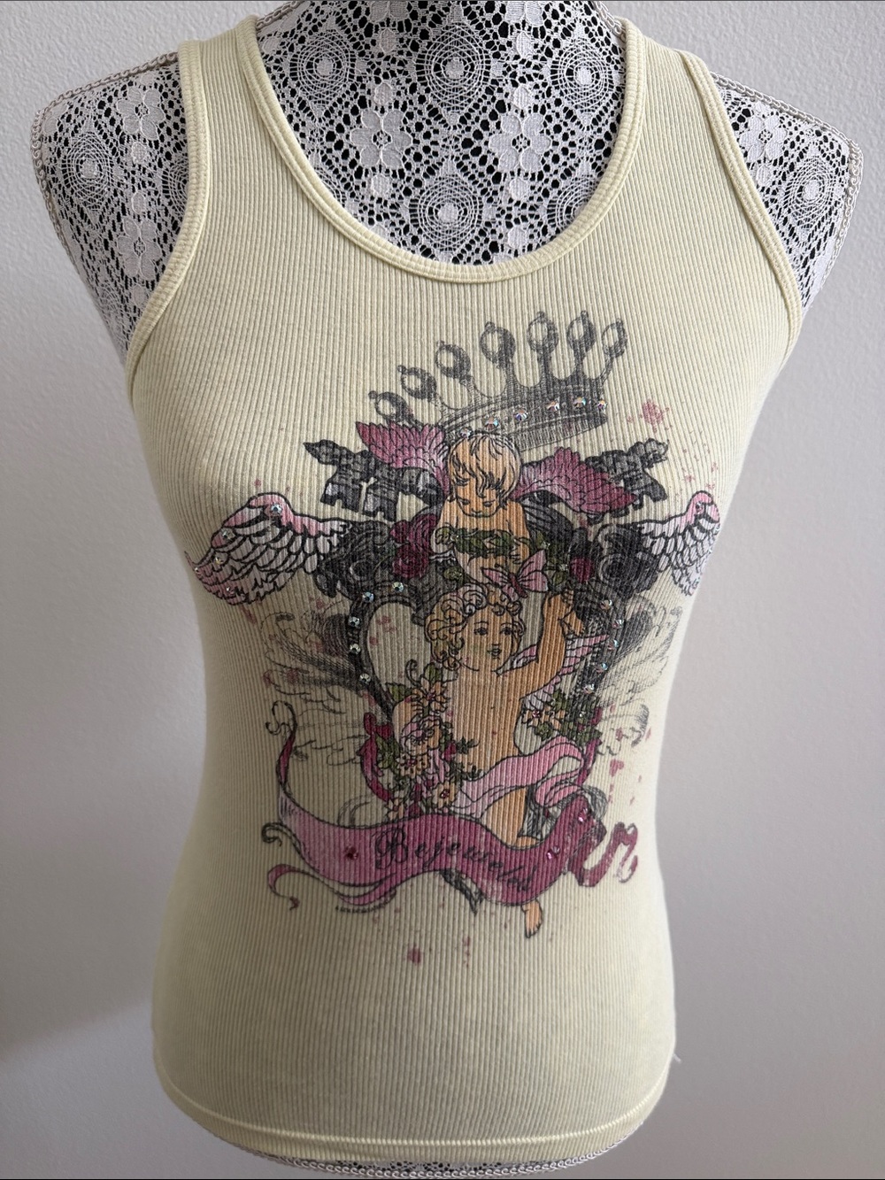 Y2K Ribbed Cherub Graphic Tank Top - Pale Yellow with Pink Accents